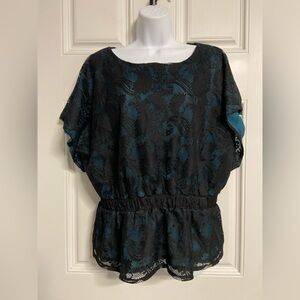 T31- APOSTROPHE Black-Teal Blue LACE OVERLAY Dolman Peplum Hem Bouse
